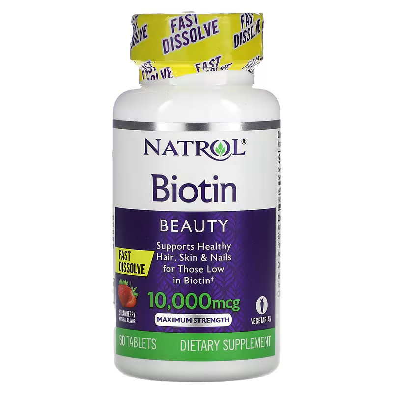 Biotin, Maximum Strength, 10,000 mcg, 60 Tablets Fast Dissolve Strawberry
